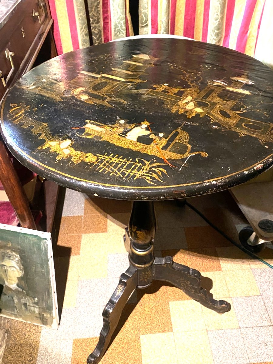 Lovely Swivel Pedestal Table, Niii Lacquered Tripod Legs, Mother-of-pearl Inlaid Martin Varnish Paints-photo-4