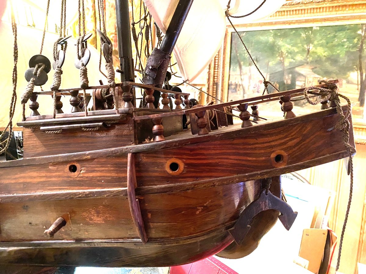  "large Warship" Three Masts, Mediterranean Sea Three Masts, In Mahogany 19th Century Model-photo-3