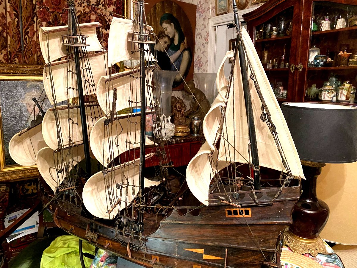  "large Warship" Three Masts, Mediterranean Sea Three Masts, In Mahogany 19th Century Model-photo-2