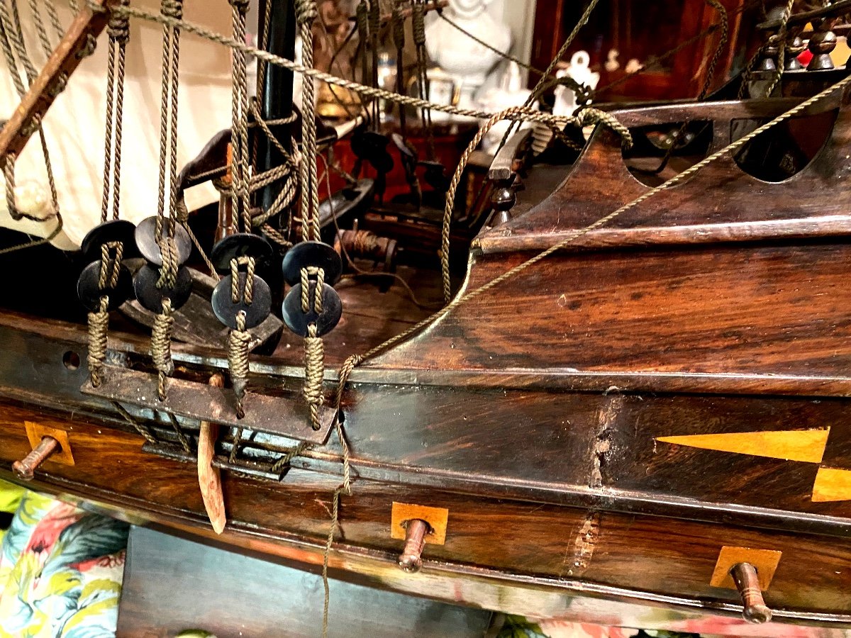  "large Warship" Three Masts, Mediterranean Sea Three Masts, In Mahogany 19th Century Model-photo-3