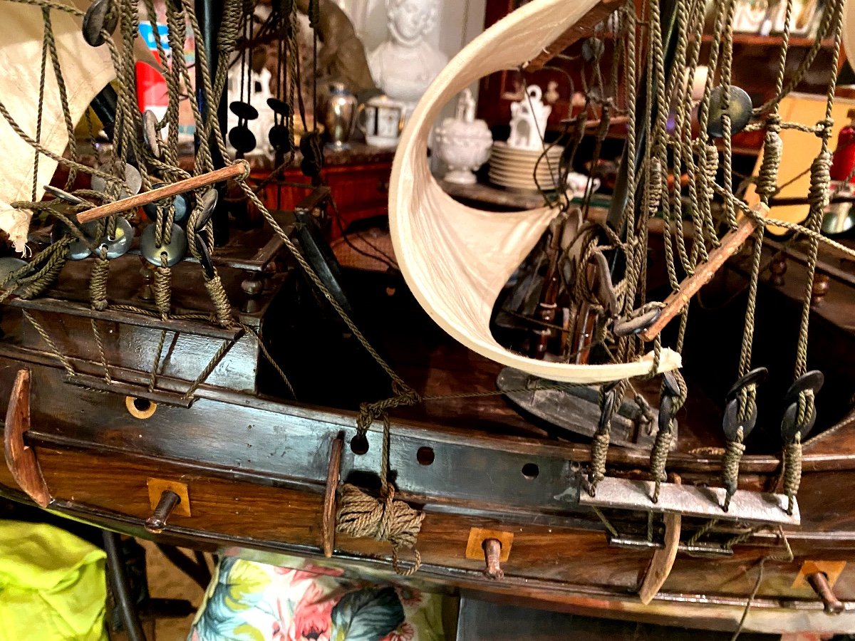  "large Warship" Three Masts, Mediterranean Sea Three Masts, In Mahogany 19th Century Model-photo-5