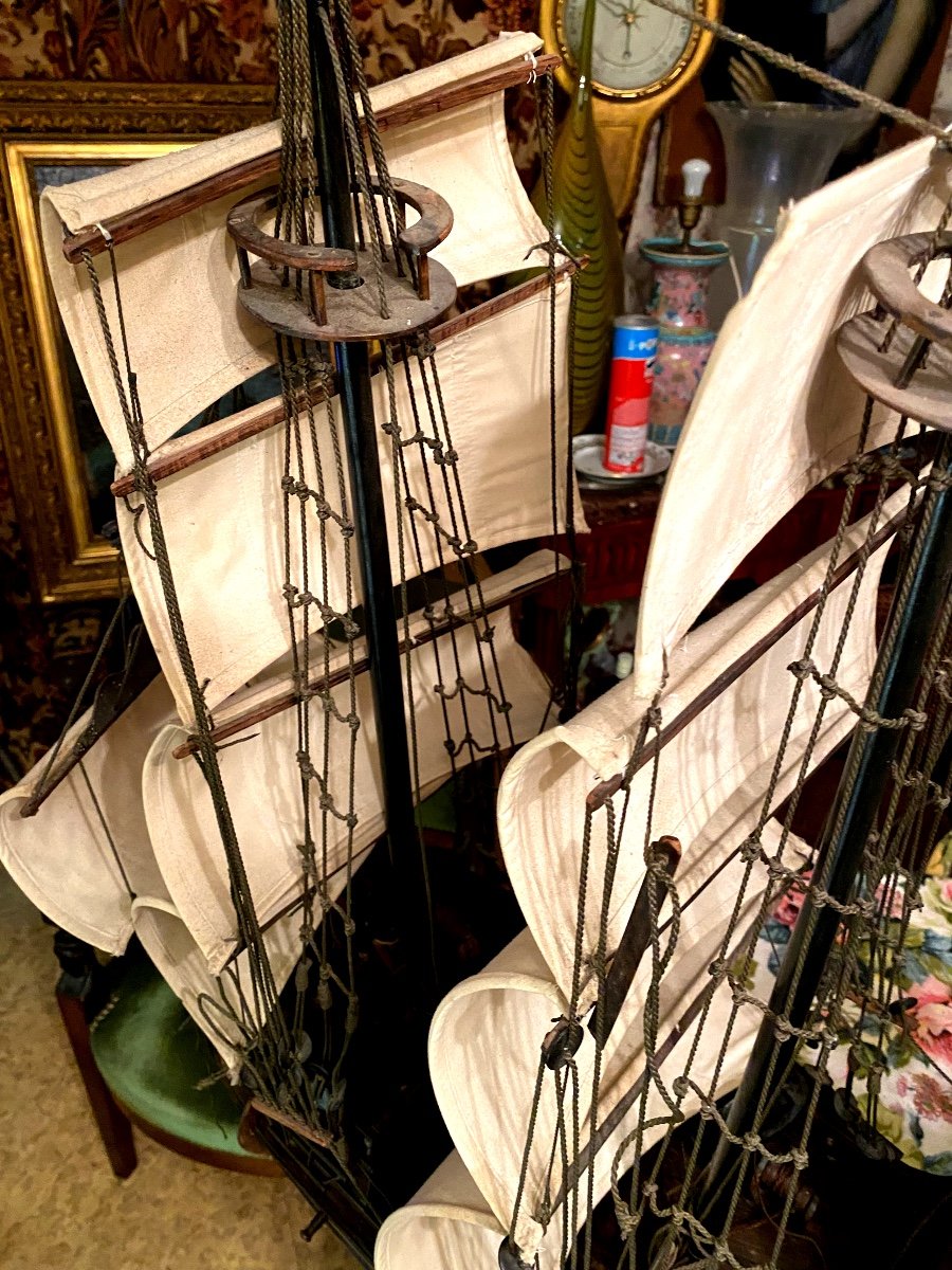  "large Warship" Three Masts, Mediterranean Sea Three Masts, In Mahogany 19th Century Model-photo-6