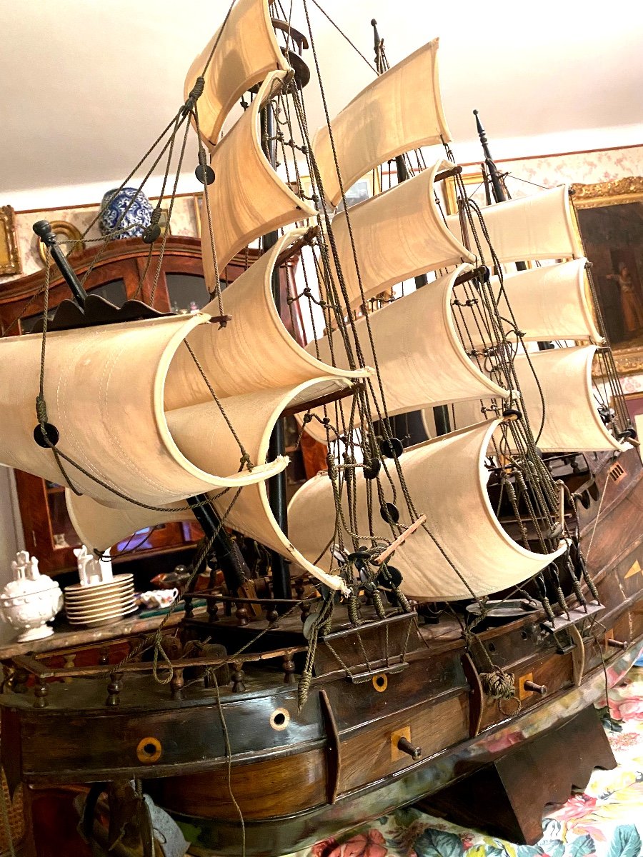  "large Warship" Three Masts, Mediterranean Sea Three Masts, In Mahogany 19th Century Model-photo-8