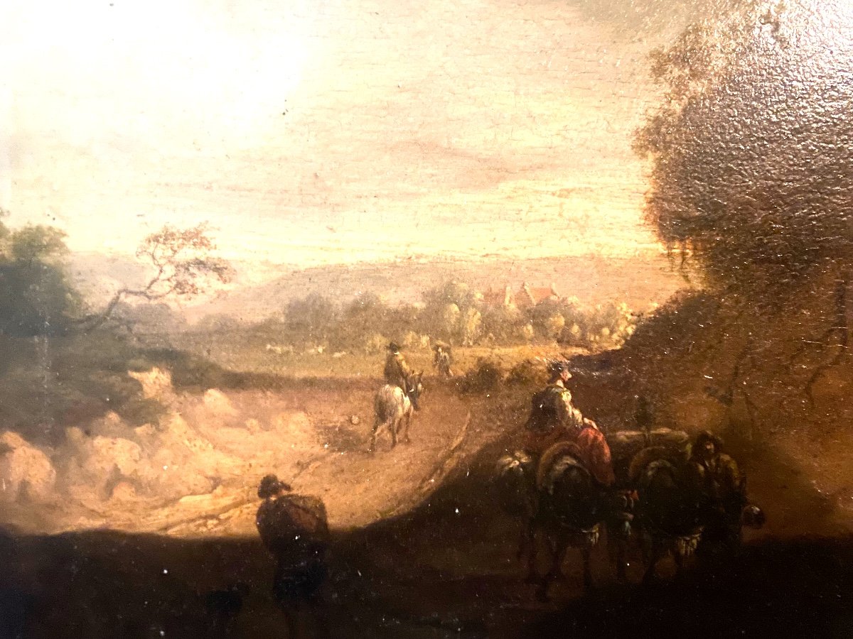 Beautiful 17th Century Framed Painting Representing An Animated Landscape, Oil On Panel Fc. J. Wynants 1661-photo-2