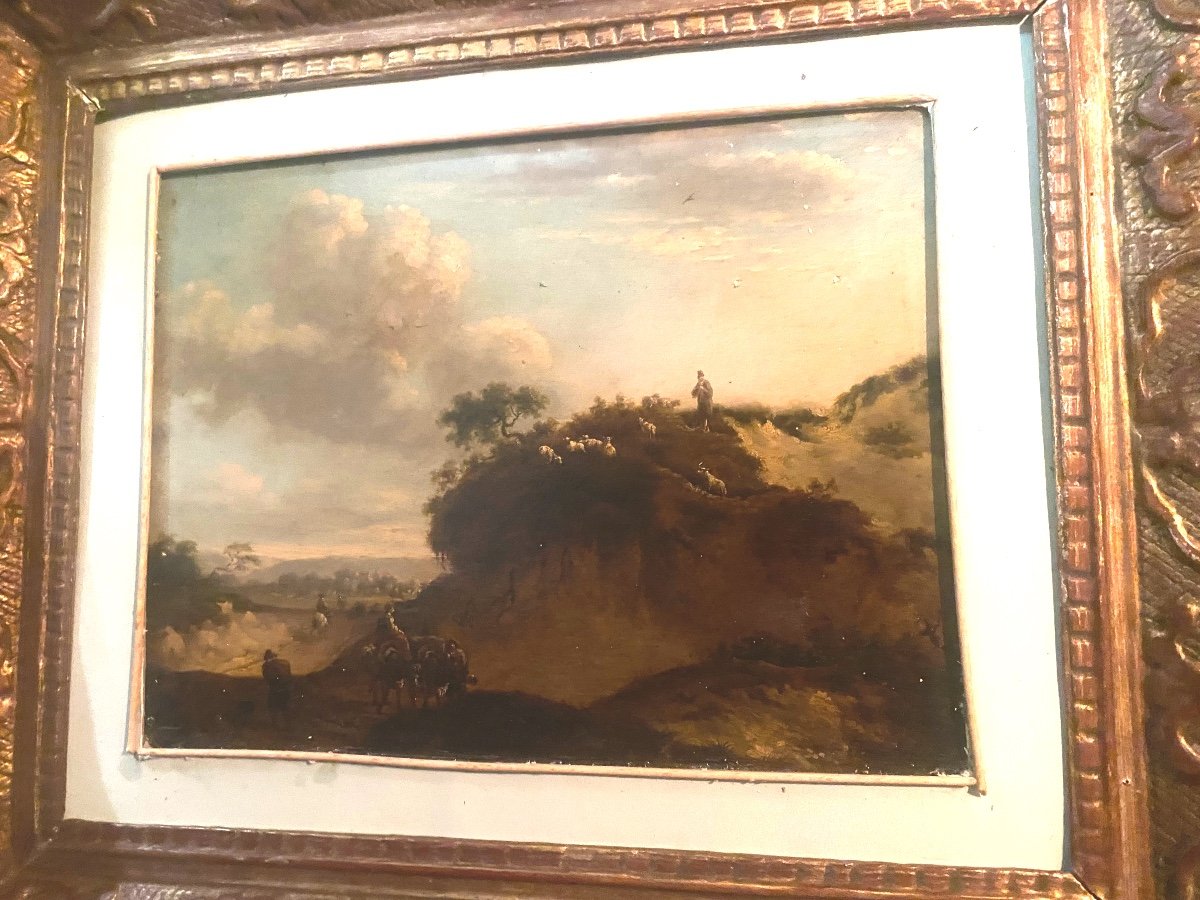 Beautiful 17th Century Framed Painting Representing An Animated Landscape, Oil On Panel Fc. J. Wynants 1661-photo-2