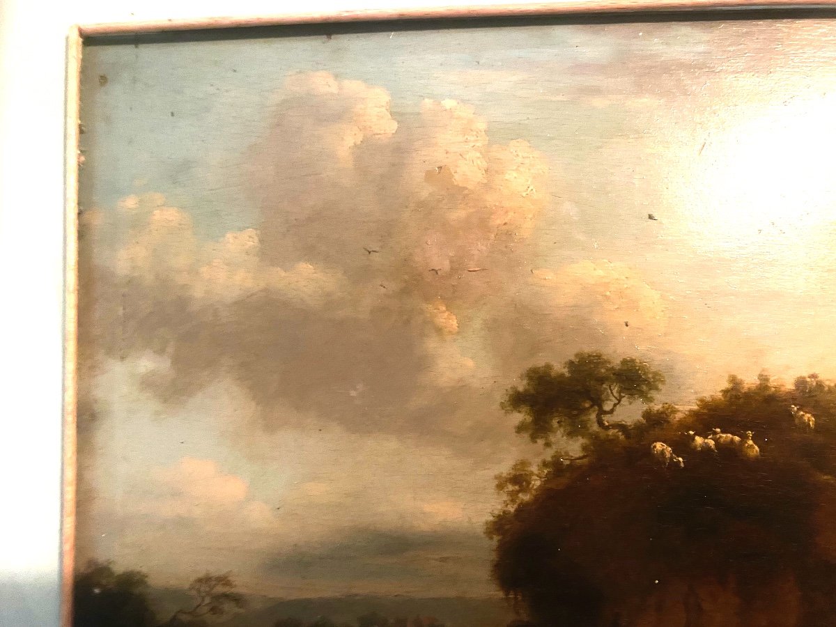 Beautiful 17th Century Framed Painting Representing An Animated Landscape, Oil On Panel Fc. J. Wynants 1661-photo-4