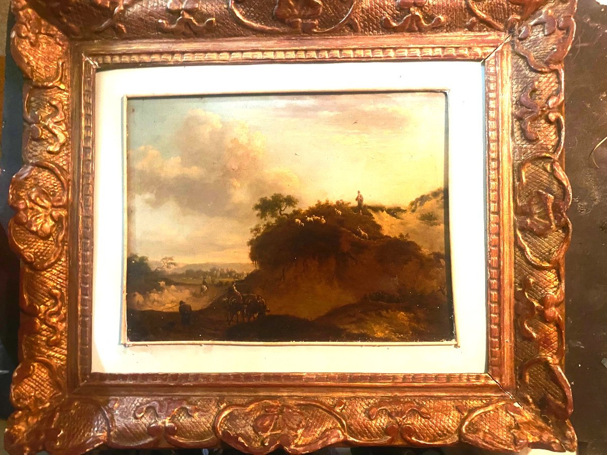 Beautiful 17th Century Framed Painting Representing An Animated Landscape, Oil On Panel Fc. J. Wynants 1661