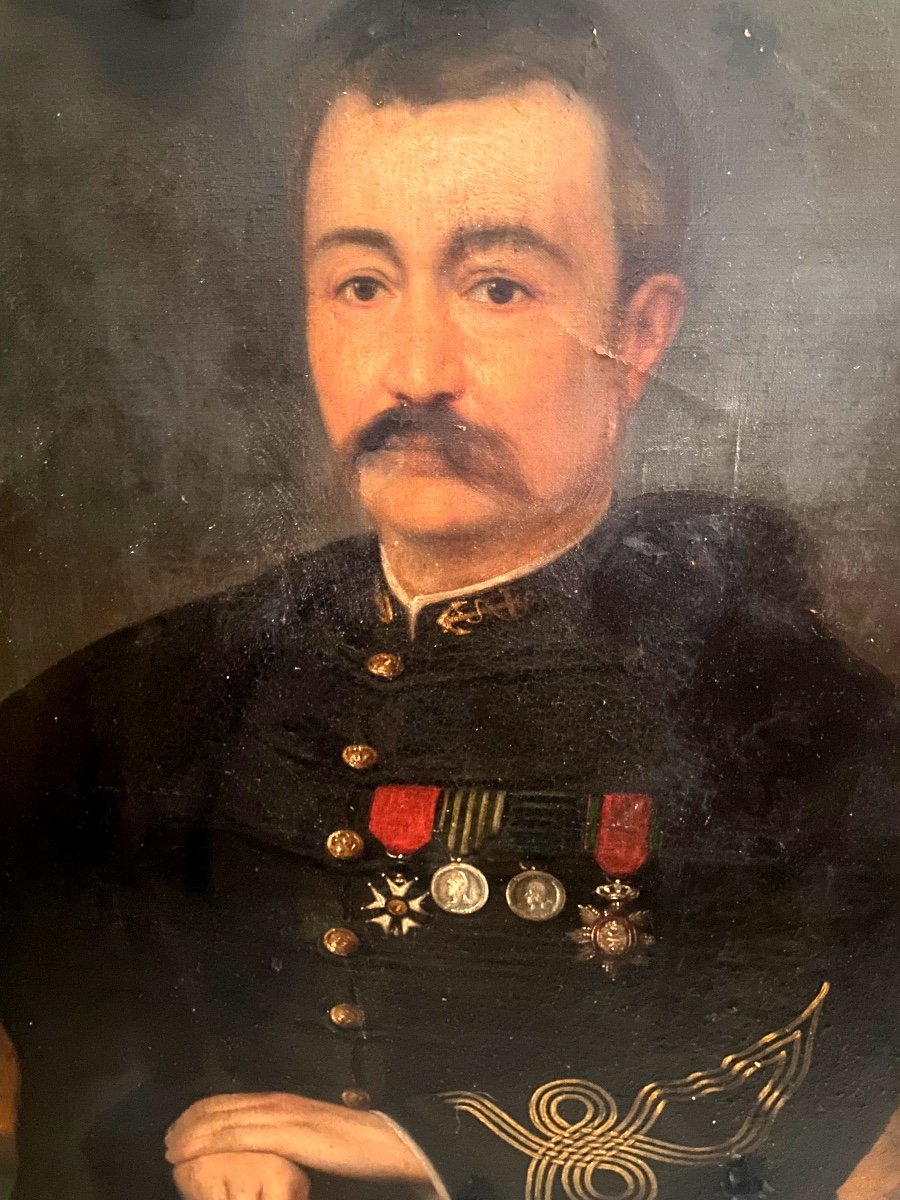 Grand Portrait De Capitaine d'Infanterie Coloniale En Grande Tenue Et Décorations, H/toile 1890-photo-2