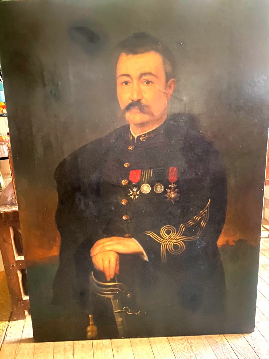 Grand Portrait De Capitaine d'Infanterie Coloniale En Grande Tenue Et Décorations, H/toile 1890-photo-4