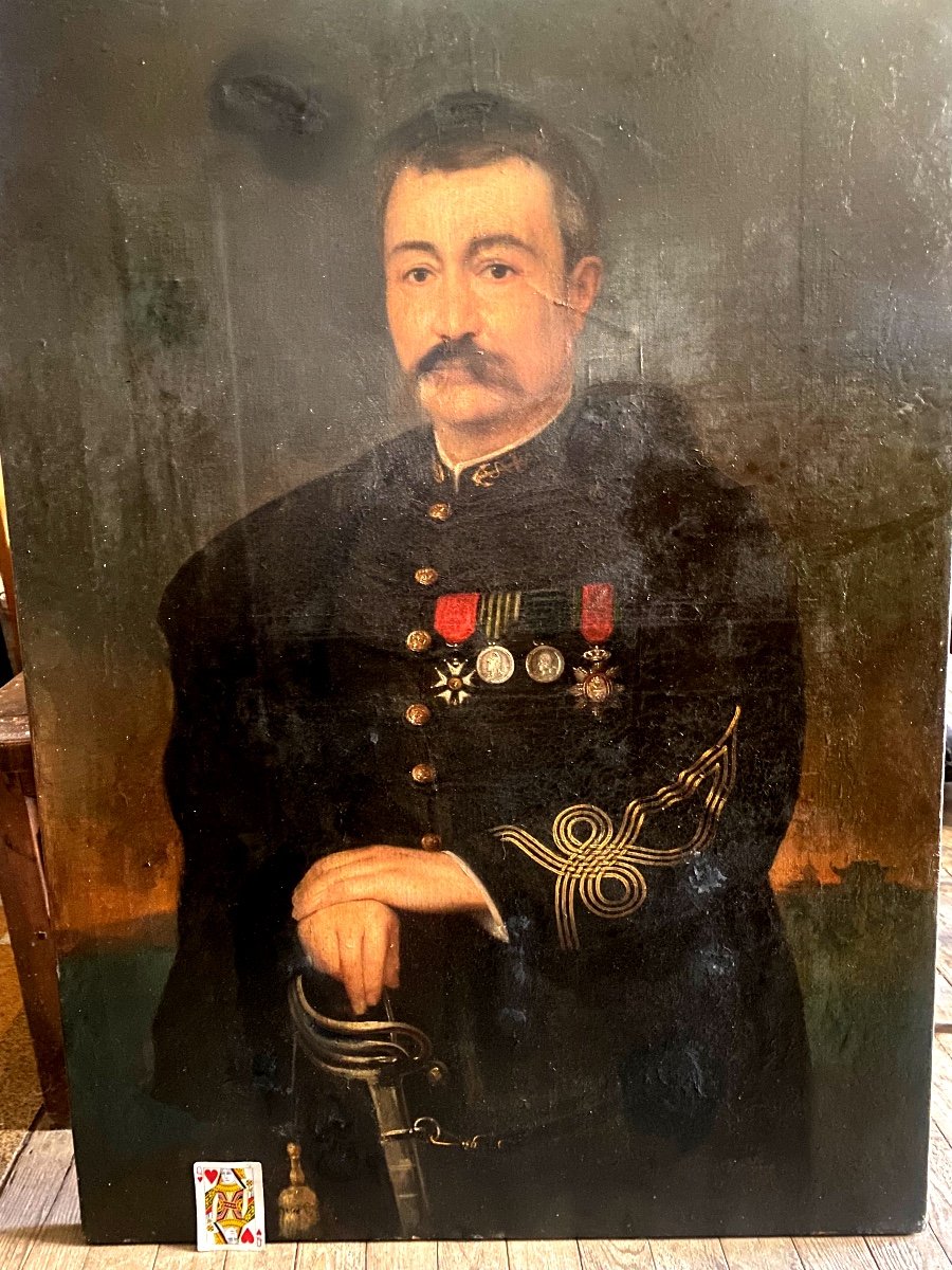 Grand Portrait De Capitaine d'Infanterie Coloniale En Grande Tenue Et Décorations, H/toile 1890-photo-5