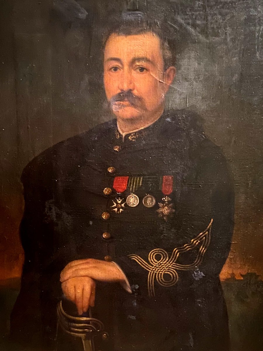 Grand Portrait De Capitaine d'Infanterie Coloniale En Grande Tenue Et Décorations, H/toile 1890-photo-7