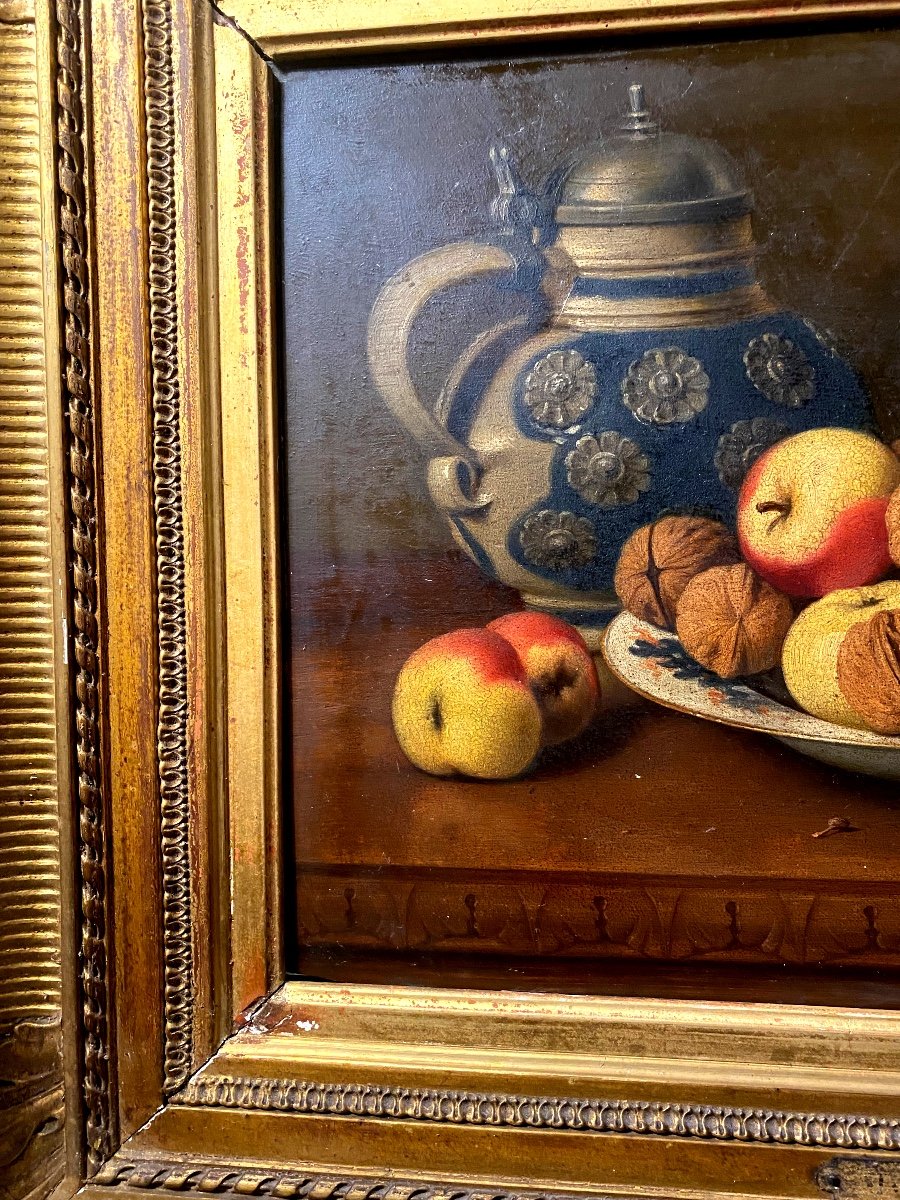 Nature Morte Aux Fruits Et Pichet De Grès Signée J. Caron Délicate Huile Sur Bois Encadrée 19èm-photo-1