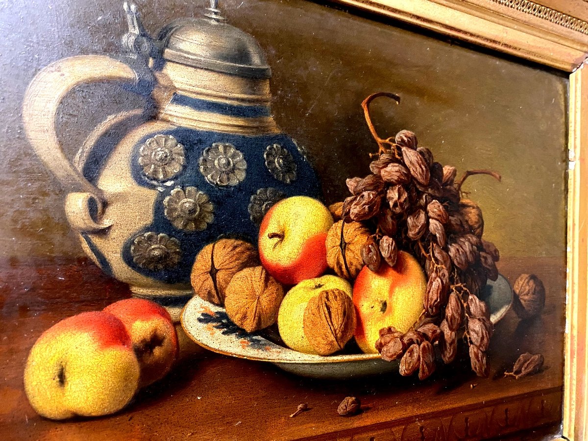 Nature Morte Aux Fruits Et Pichet De Grès Signée J. Caron Délicate Huile Sur Bois Encadrée 19èm-photo-3