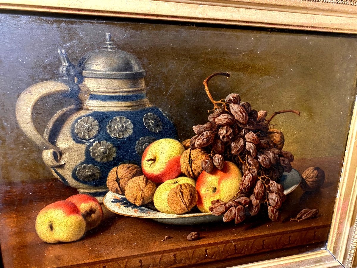 Nature Morte Aux Fruits Et Pichet De Grès Signée J. Caron Délicate Huile Sur Bois Encadrée 19èm-photo-4