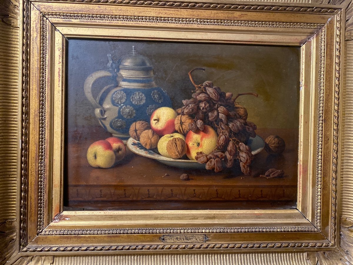 Nature Morte Aux Fruits Et Pichet De Grès Signée J. Caron Délicate Huile Sur Bois Encadrée 19èm-photo-7