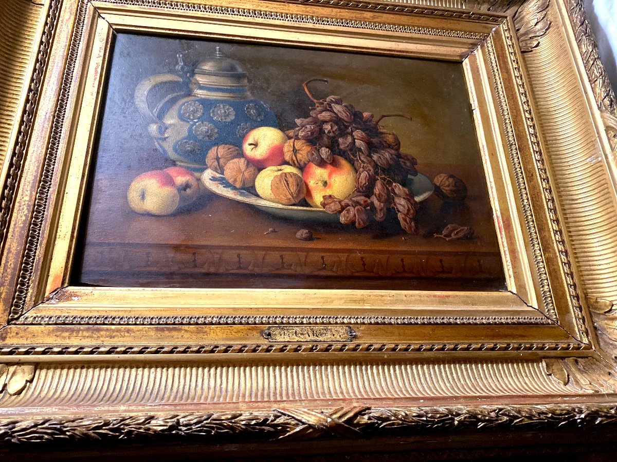 Nature Morte Aux Fruits Et Pichet De Grès Signée J. Caron Délicate Huile Sur Bois Encadrée 19èm-photo-8