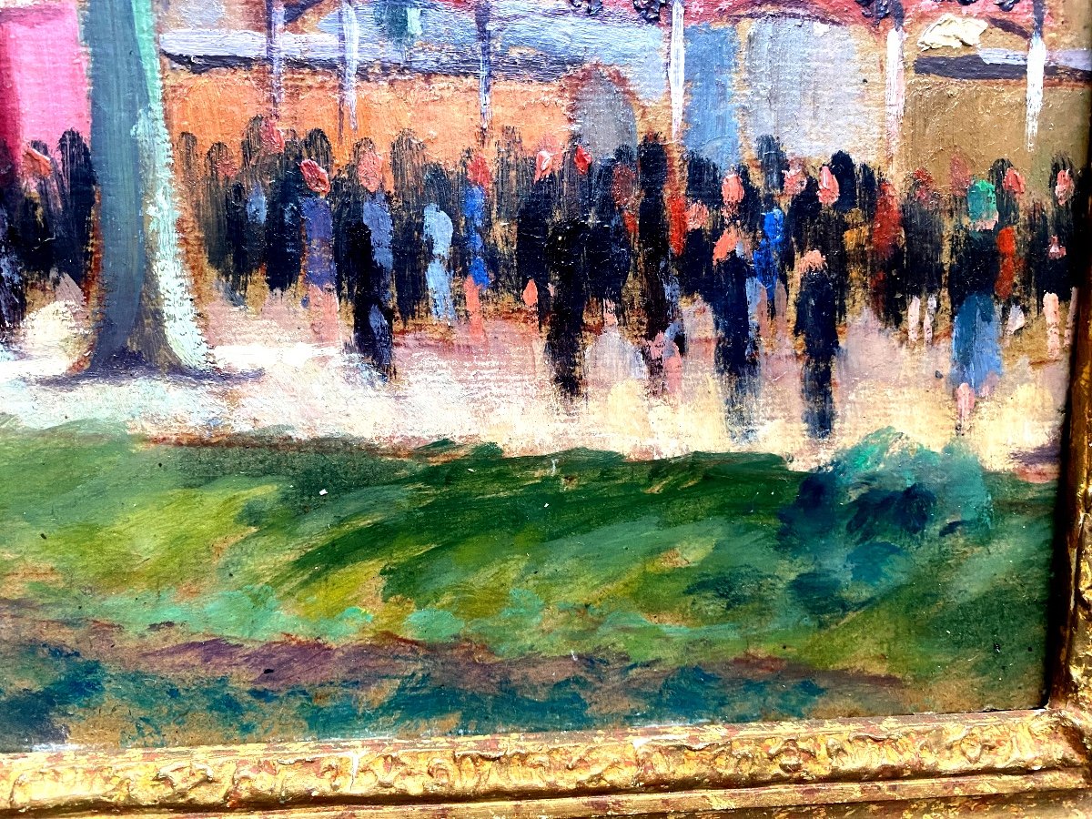 Framed Impressionist Painting 19th Century "the Great Funfair On The Shaded Grand Place"-photo-3