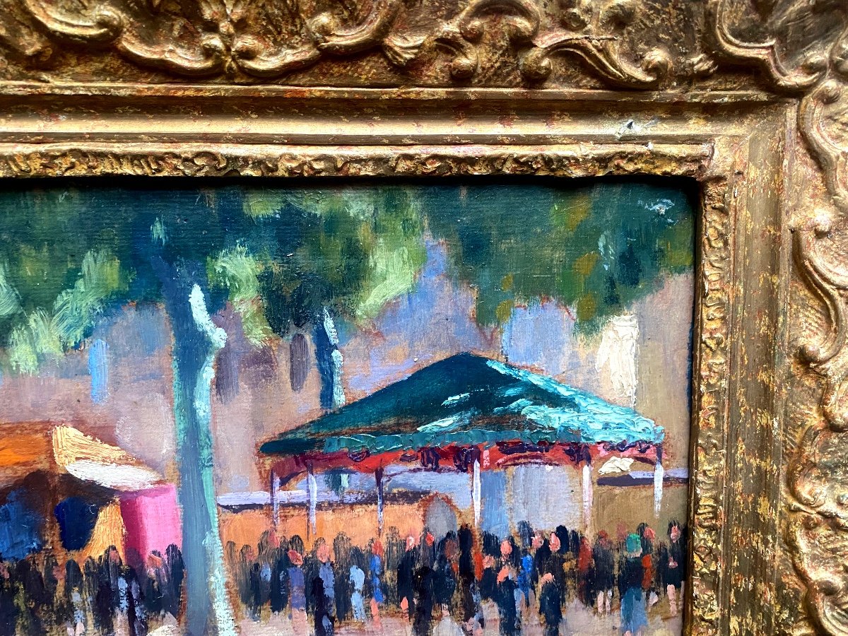 Framed Impressionist Painting 19th Century "the Great Funfair On The Shaded Grand Place"-photo-1