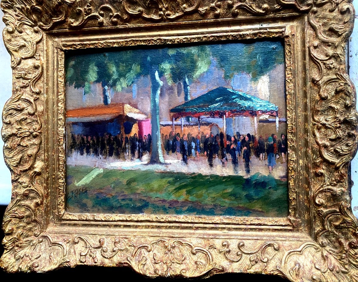 Framed Impressionist Painting 19th Century "the Great Funfair On The Shaded Grand Place"-photo-2