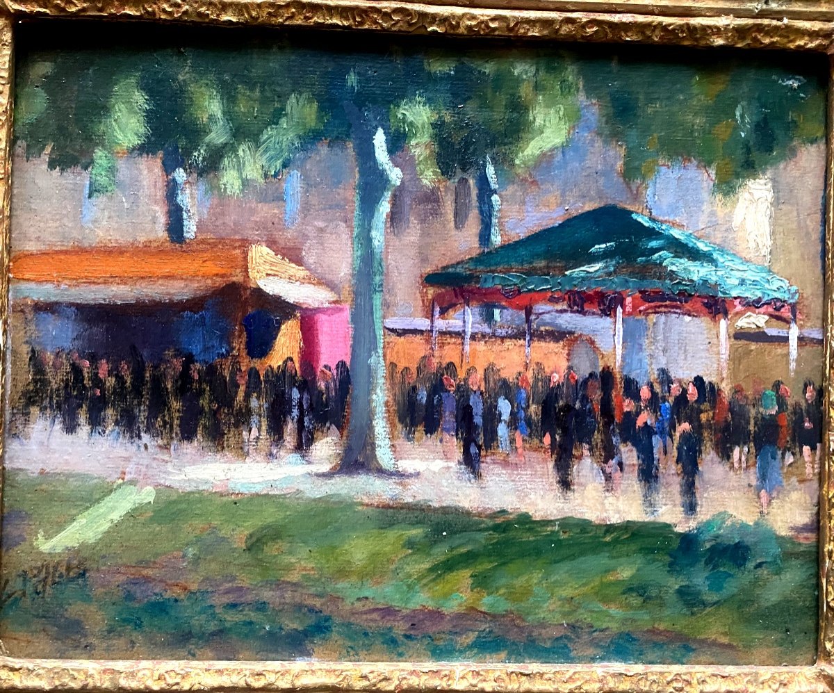 Framed Impressionist Painting 19th Century "the Great Funfair On The Shaded Grand Place"-photo-3