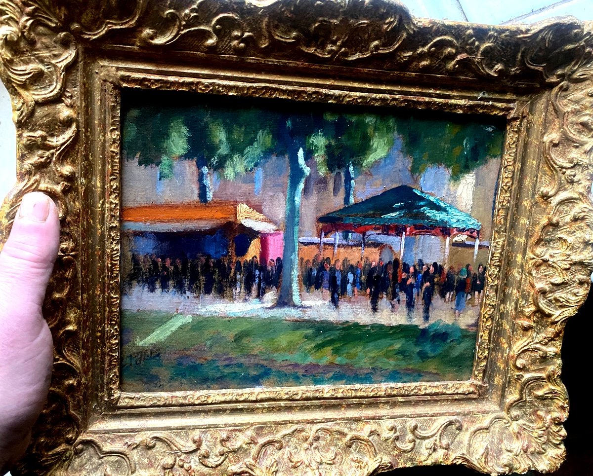 Framed Impressionist Painting 19th Century "the Great Funfair On The Shaded Grand Place"-photo-5