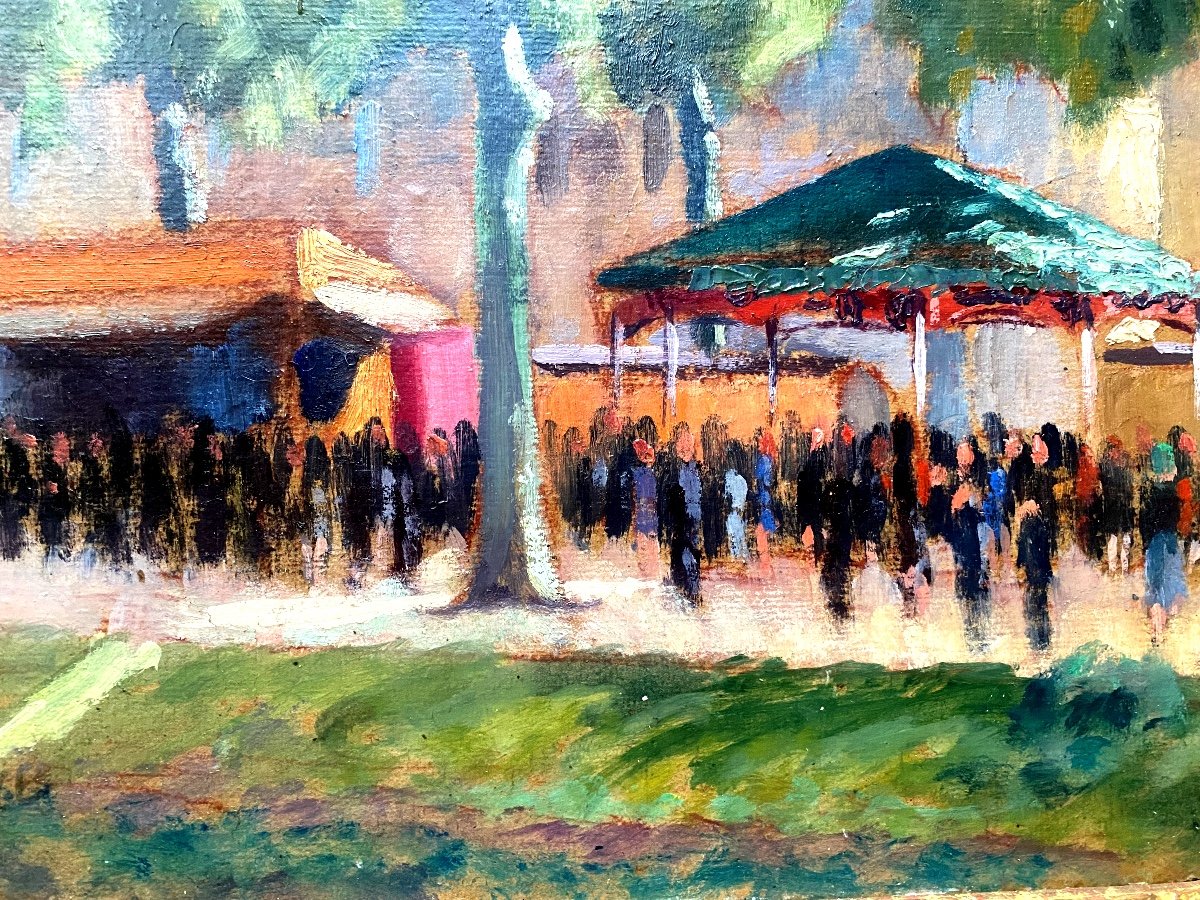 Framed Impressionist Painting 19th Century "the Great Funfair On The Shaded Grand Place"-photo-6