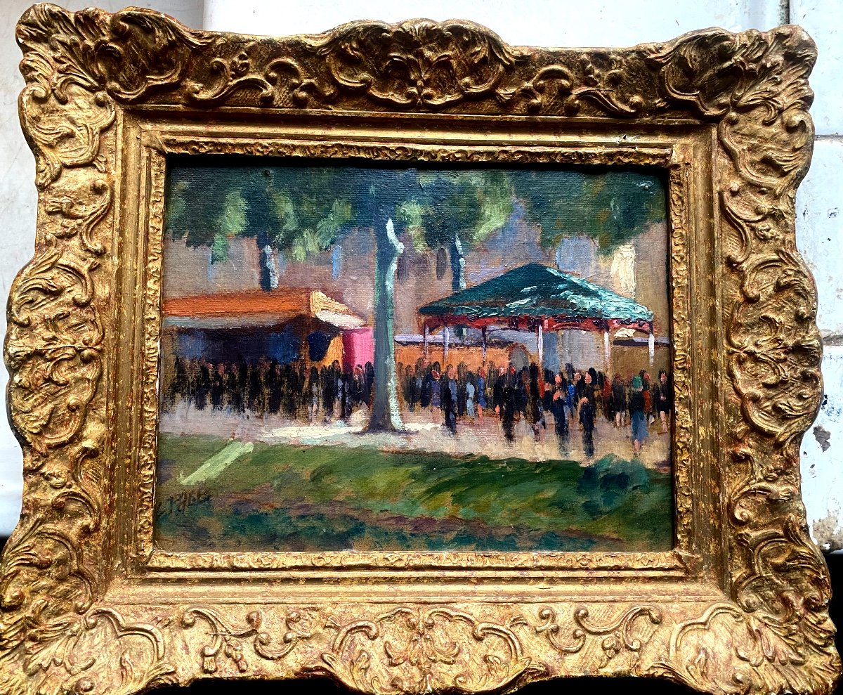 Framed Impressionist Painting 19th Century "the Great Funfair On The Shaded Grand Place"-photo-8