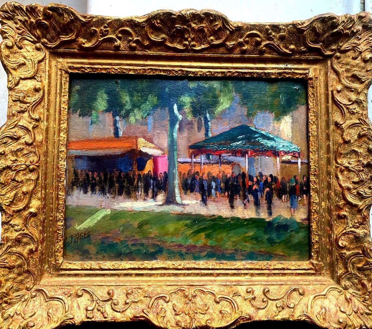 Framed Impressionist Painting 19th Century "the Great Funfair On The Shaded Grand Place"