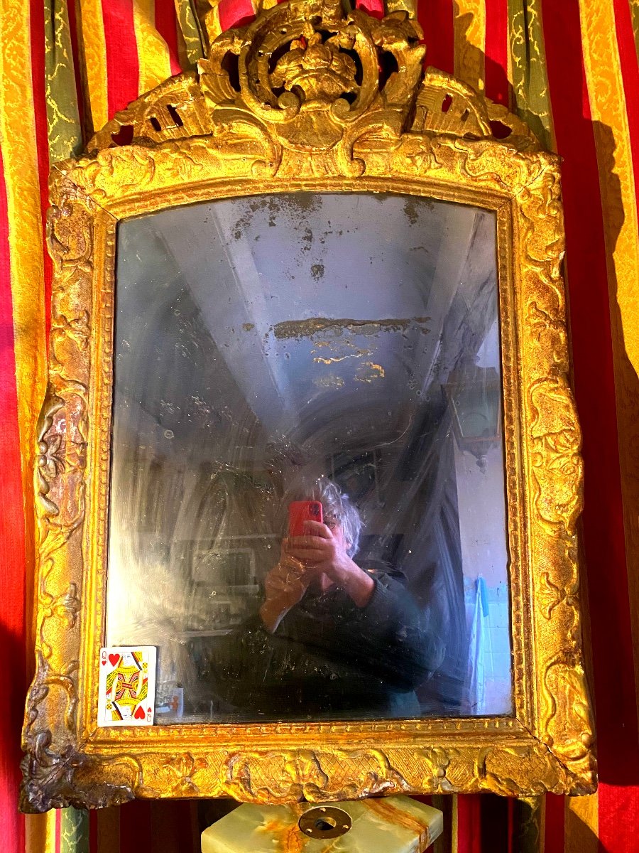 Early 18th Century Gilded Wood Mirror With Ears And Openwork Floral Arched Pediment, Tain Au Mercure-photo-5