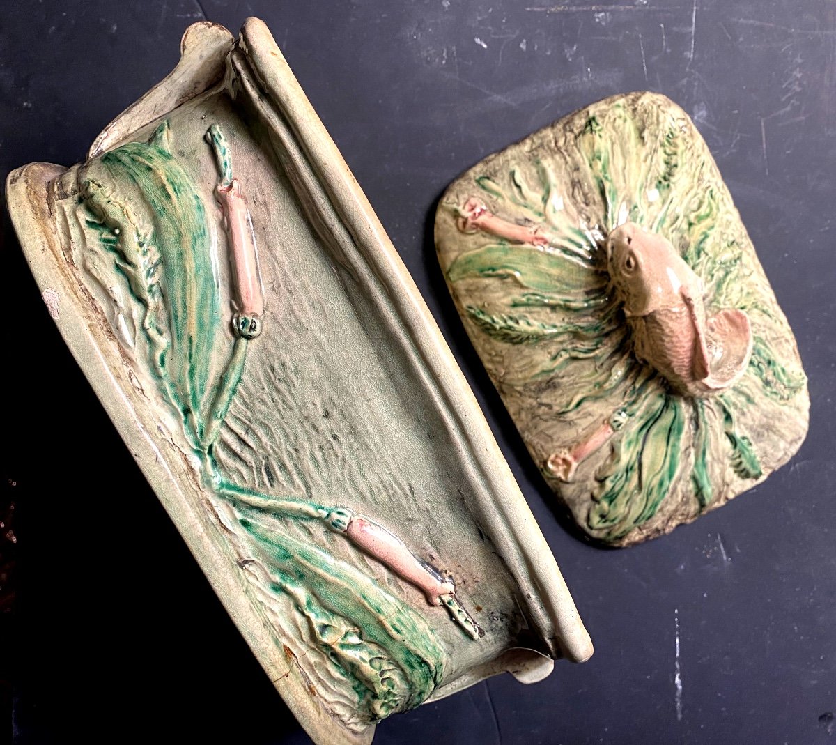 Rare Beautiful Fish Terrine Manufacture De Malicorne 19th Century, With Richly Ornamented Red Mullet-photo-2