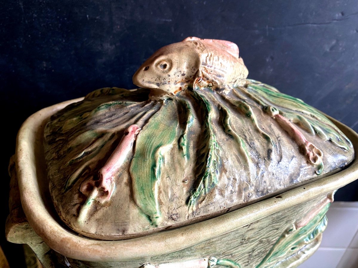 Rare Beautiful Fish Terrine Manufacture De Malicorne 19th Century, With Richly Ornamented Red Mullet-photo-8