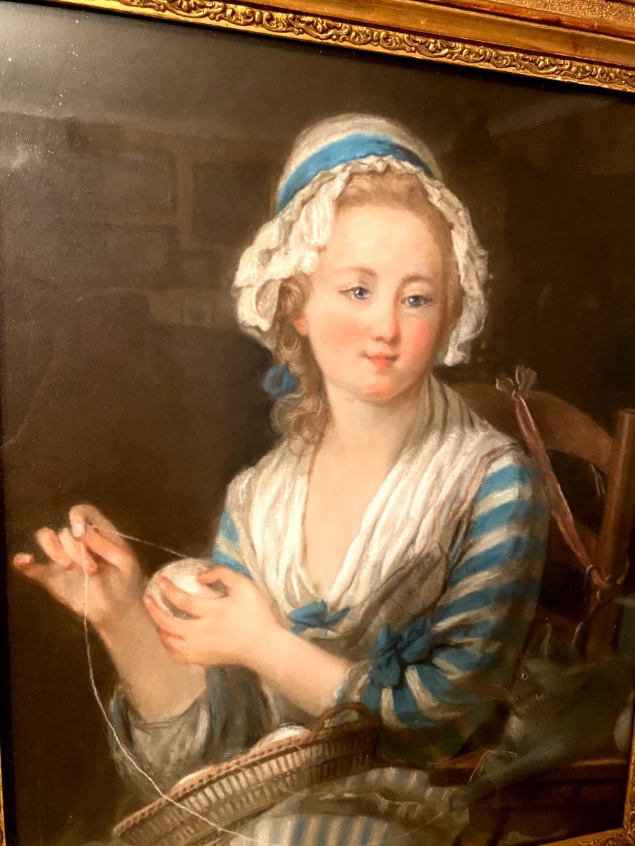 "Jeune Fille à La Pelote De Laine" , Beau Pastel Encadré De La Fin Du XVIIIème, Ecole De Greuse-photo-2