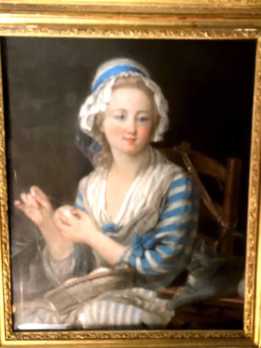 "Jeune Fille à La Pelote De Laine" , Beau Pastel Encadré De La Fin Du XVIIIème, Ecole De Greuse-photo-3