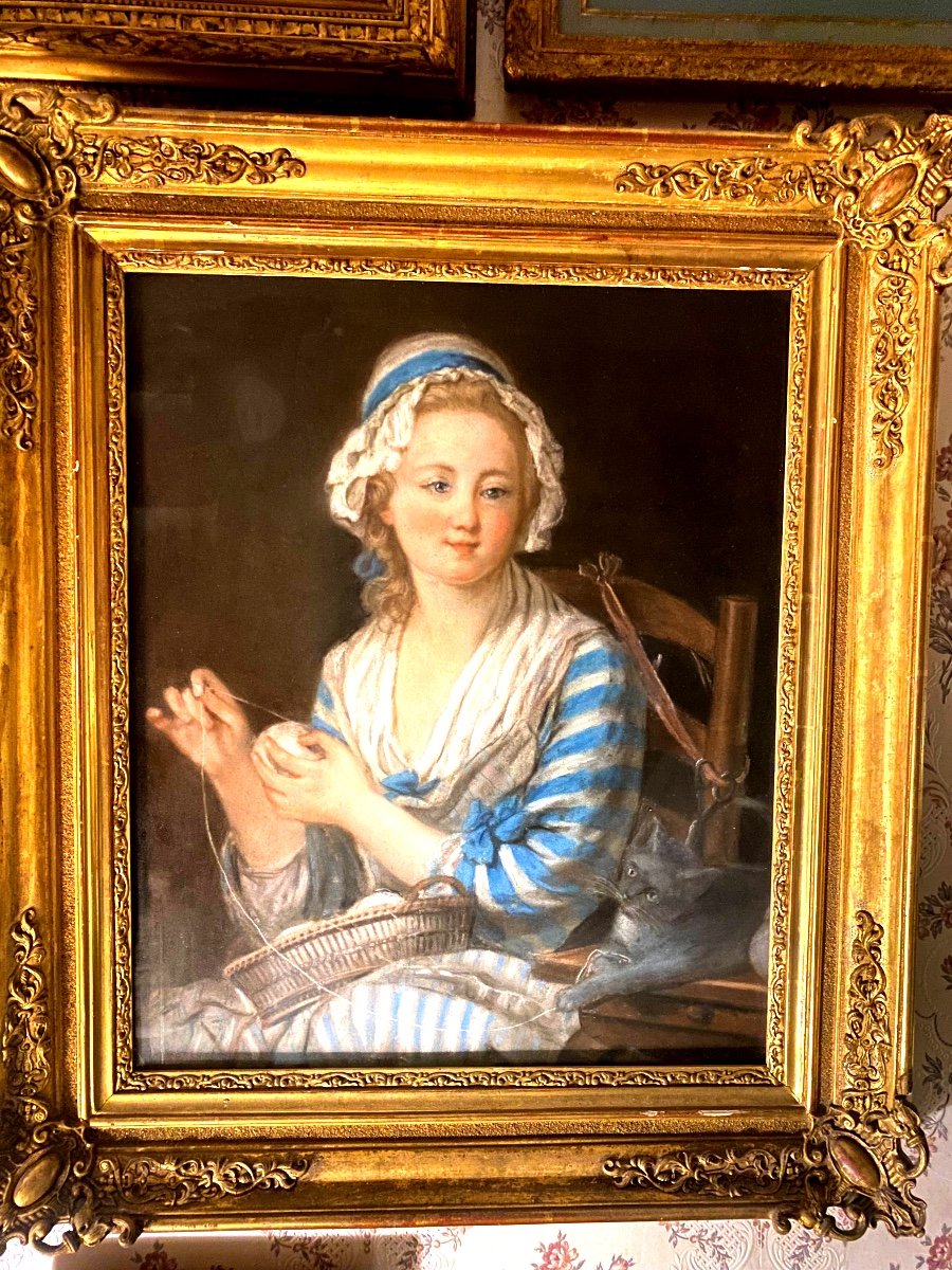 "Jeune Fille à La Pelote De Laine" , Beau Pastel Encadré De La Fin Du XVIIIème, Ecole De Greuse-photo-4