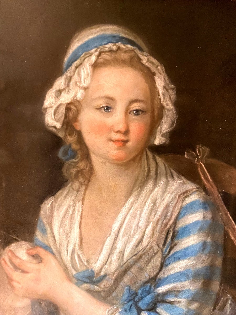 "Jeune Fille à La Pelote De Laine" , Beau Pastel Encadré De La Fin Du XVIIIème, Ecole De Greuse-photo-3