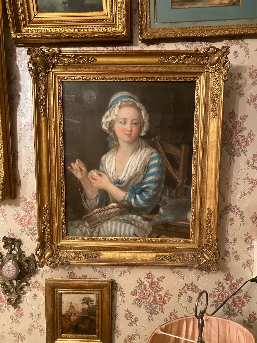 "young Girl With A Ball Of Wool", Beautiful Framed Pastel From The End Of The 18th Century, Greuse School-photo-6