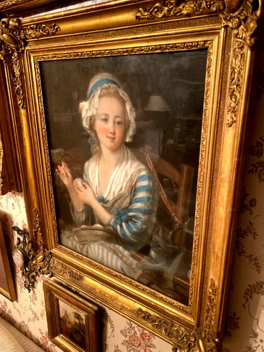 "young Girl With A Ball Of Wool", Beautiful Framed Pastel From The End Of The 18th Century, Greuse School-photo-7