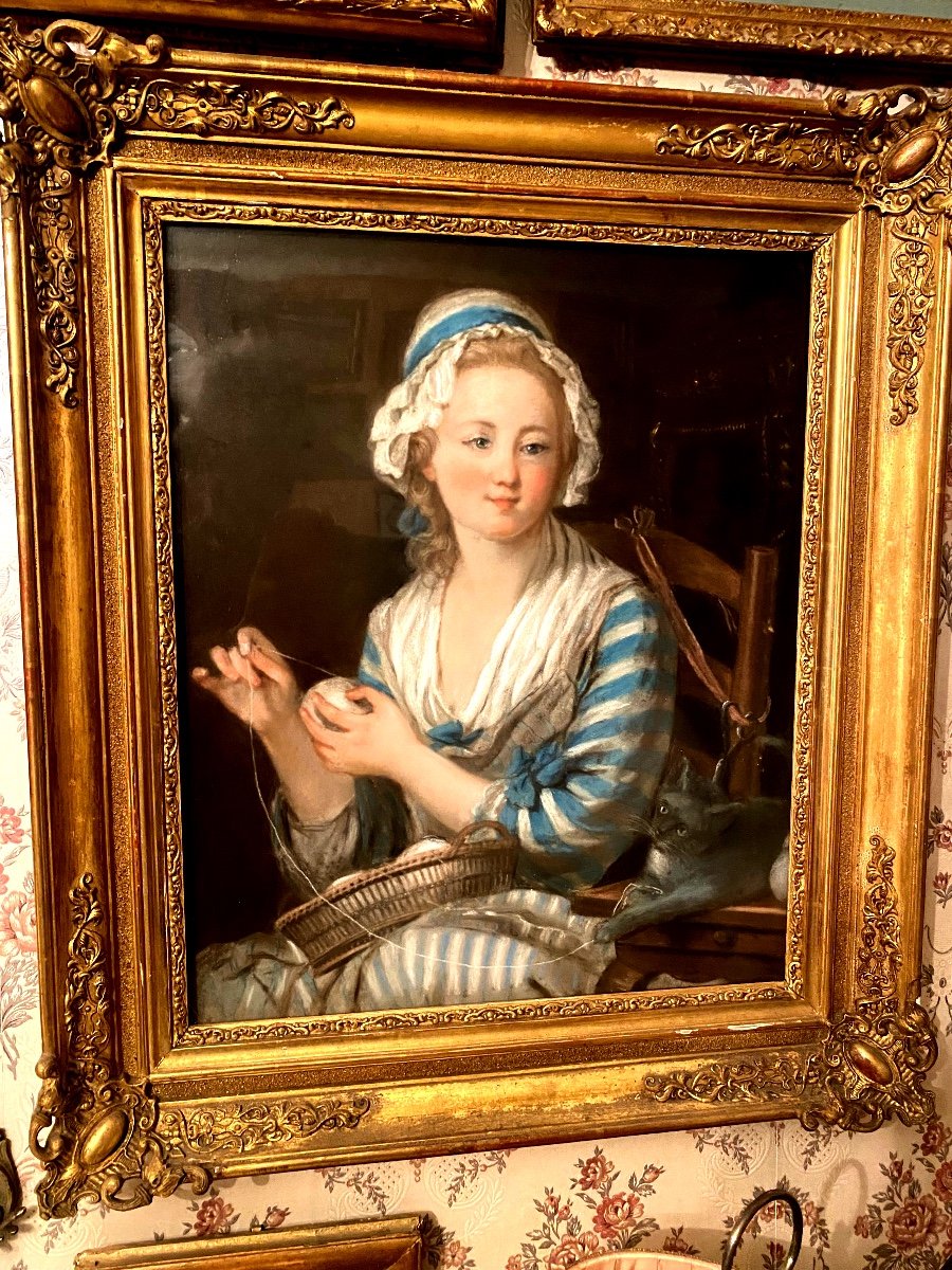 "young Girl With A Ball Of Wool", Beautiful Framed Pastel From The End Of The 18th Century, Greuse School