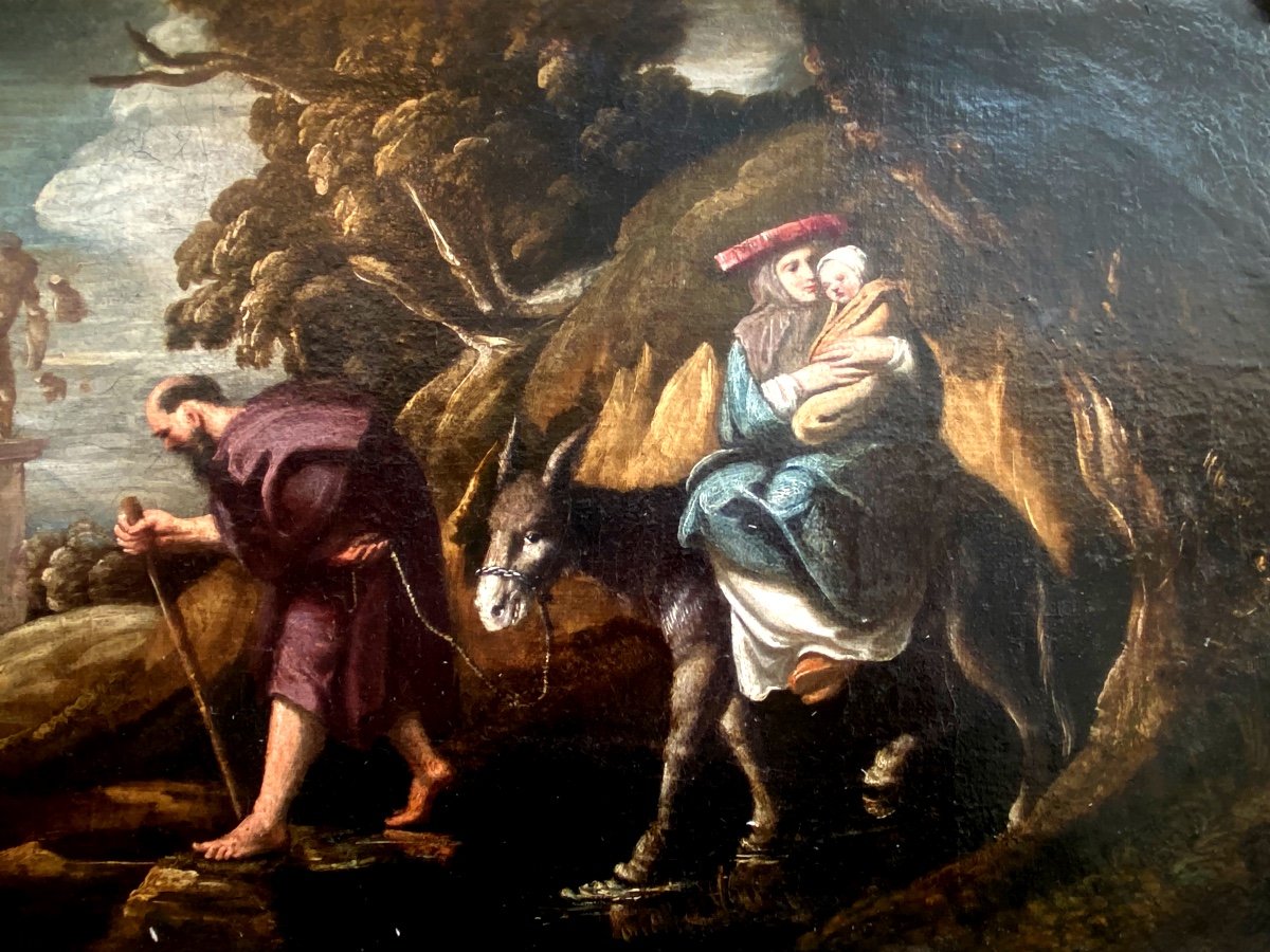  Beautiful Flight Into Egypt From The 17th Century In Its Beautiful Carved Gilded Wooden Frame Oil On Canvas-photo-4