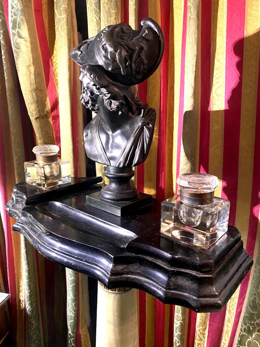 Rare Beautiful Giant Napoleon III Inkwell And Its Two Square Crystal Bottles And Bust Of Pericles-photo-1