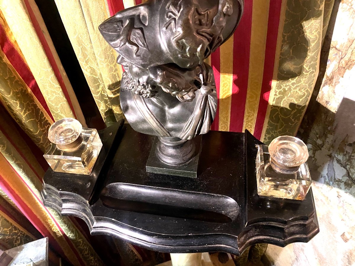 Rare Beautiful Giant Napoleon III Inkwell And Its Two Square Crystal Bottles And Bust Of Pericles-photo-2