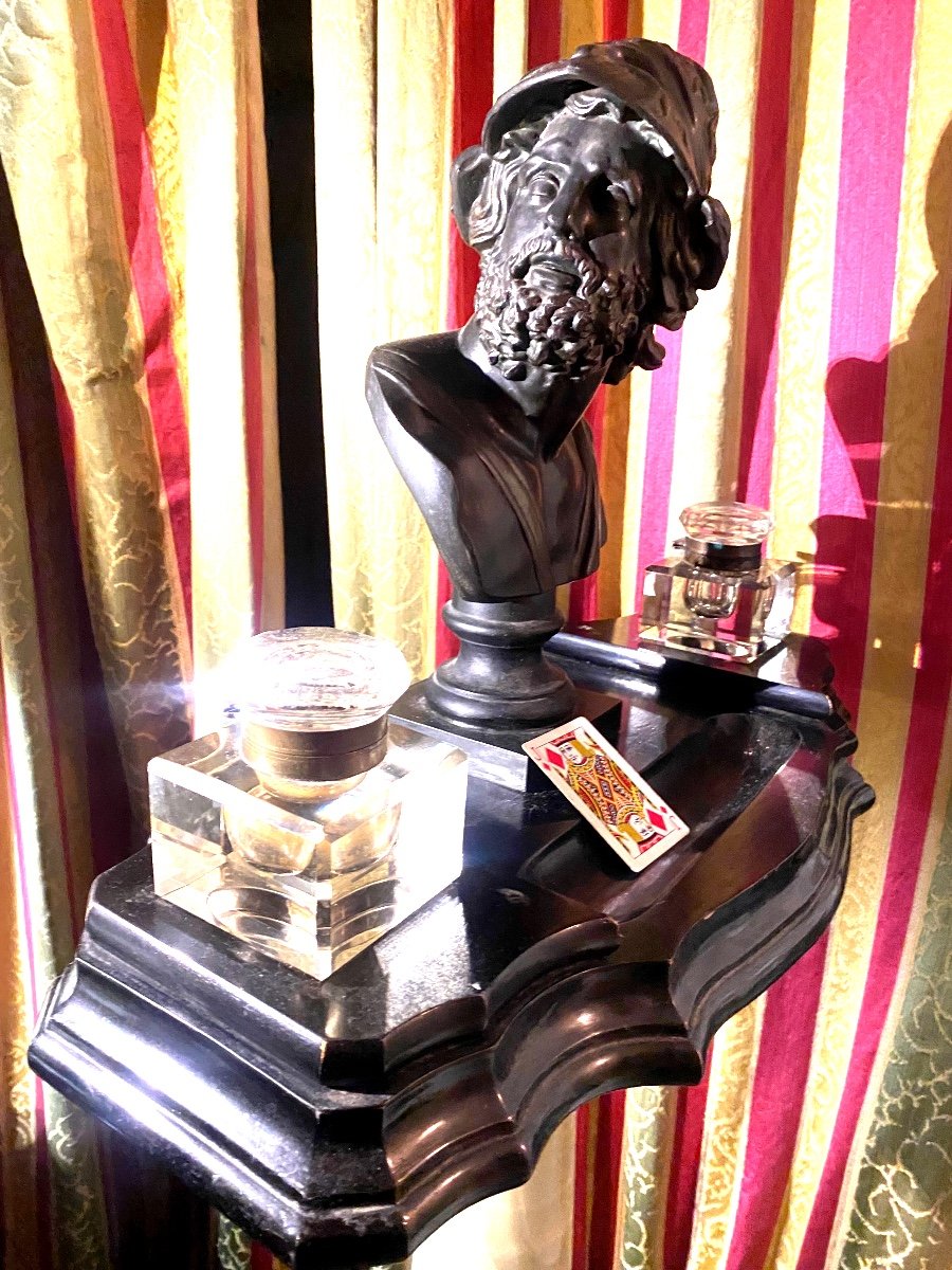 Rare Beautiful Giant Napoleon III Inkwell And Its Two Square Crystal Bottles And Bust Of Pericles-photo-3