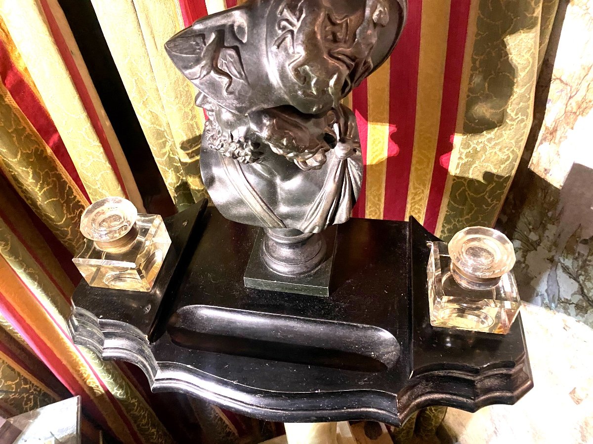 Rare Beautiful Giant Napoleon III Inkwell And Its Two Square Crystal Bottles And Bust Of Pericles-photo-8