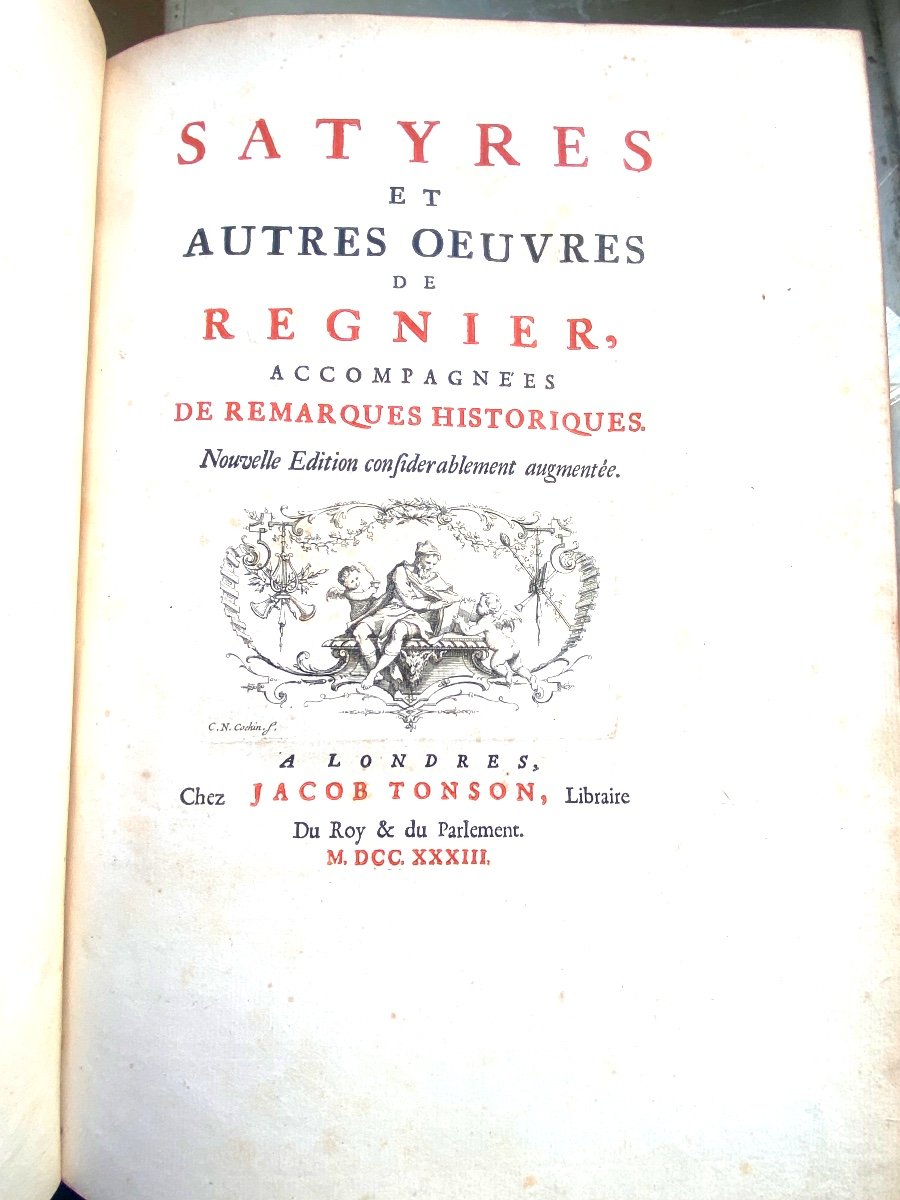 Bel In Folio  Veau Blond Glacé Pagination Encadrée :satyres Et Oeuvres De  Régnier Londres 1753-photo-3