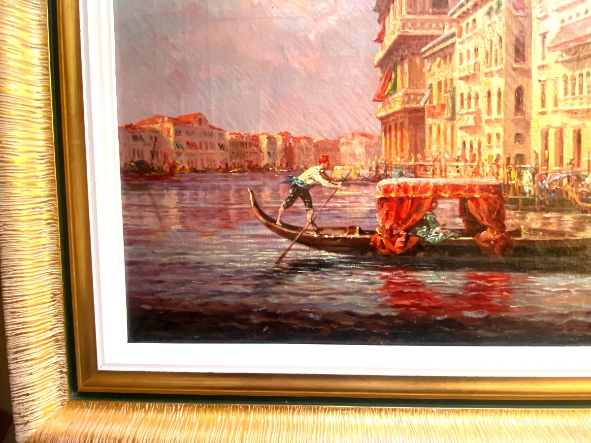 Grande Toile  :"vue Du Grand Canal à Venise" Huile Sur Toile Encadrée Du 19èm, Sig. R.G  Denair-photo-2