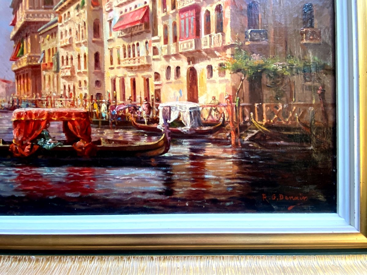 Grande Toile  :"vue Du Grand Canal à Venise" Huile Sur Toile Encadrée Du 19èm, Sig. R.G  Denair-photo-3