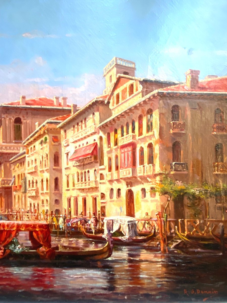 Grande Toile  :"vue Du Grand Canal à Venise" Huile Sur Toile Encadrée Du 19èm, Sig. R.G  Denair-photo-4