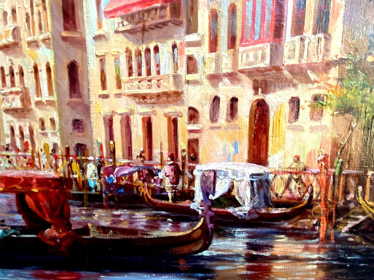 Grande Toile  :"vue Du Grand Canal à Venise" Huile Sur Toile Encadrée Du 19èm, Sig. R.G  Denair-photo-2