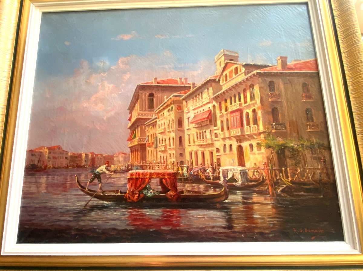 Grande Toile  :"vue Du Grand Canal à Venise" Huile Sur Toile Encadrée Du 19èm, Sig. R.G  Denair-photo-6