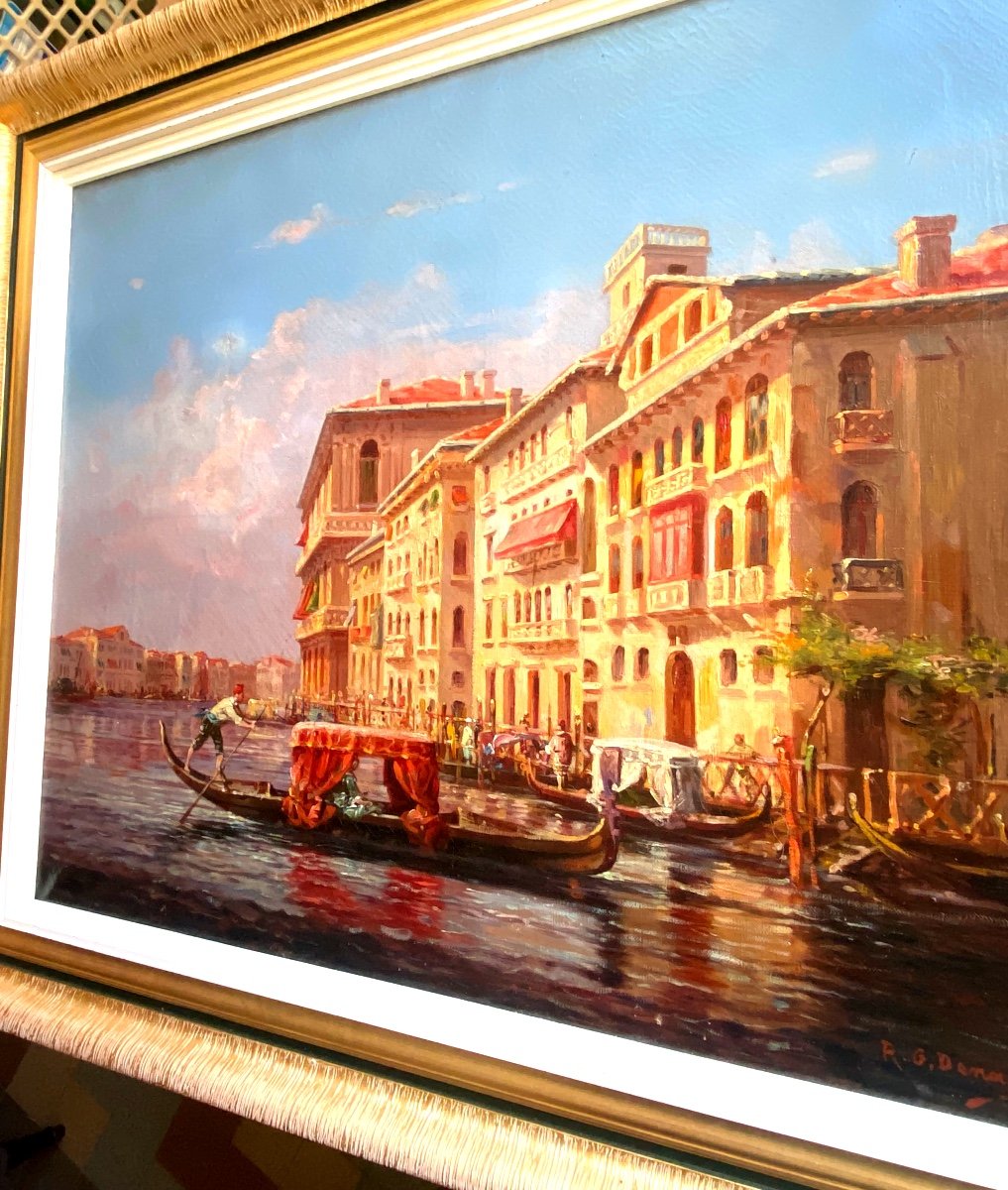 Grande Toile  :"vue Du Grand Canal à Venise" Huile Sur Toile Encadrée Du 19èm, Sig. R.G  Denair-photo-7